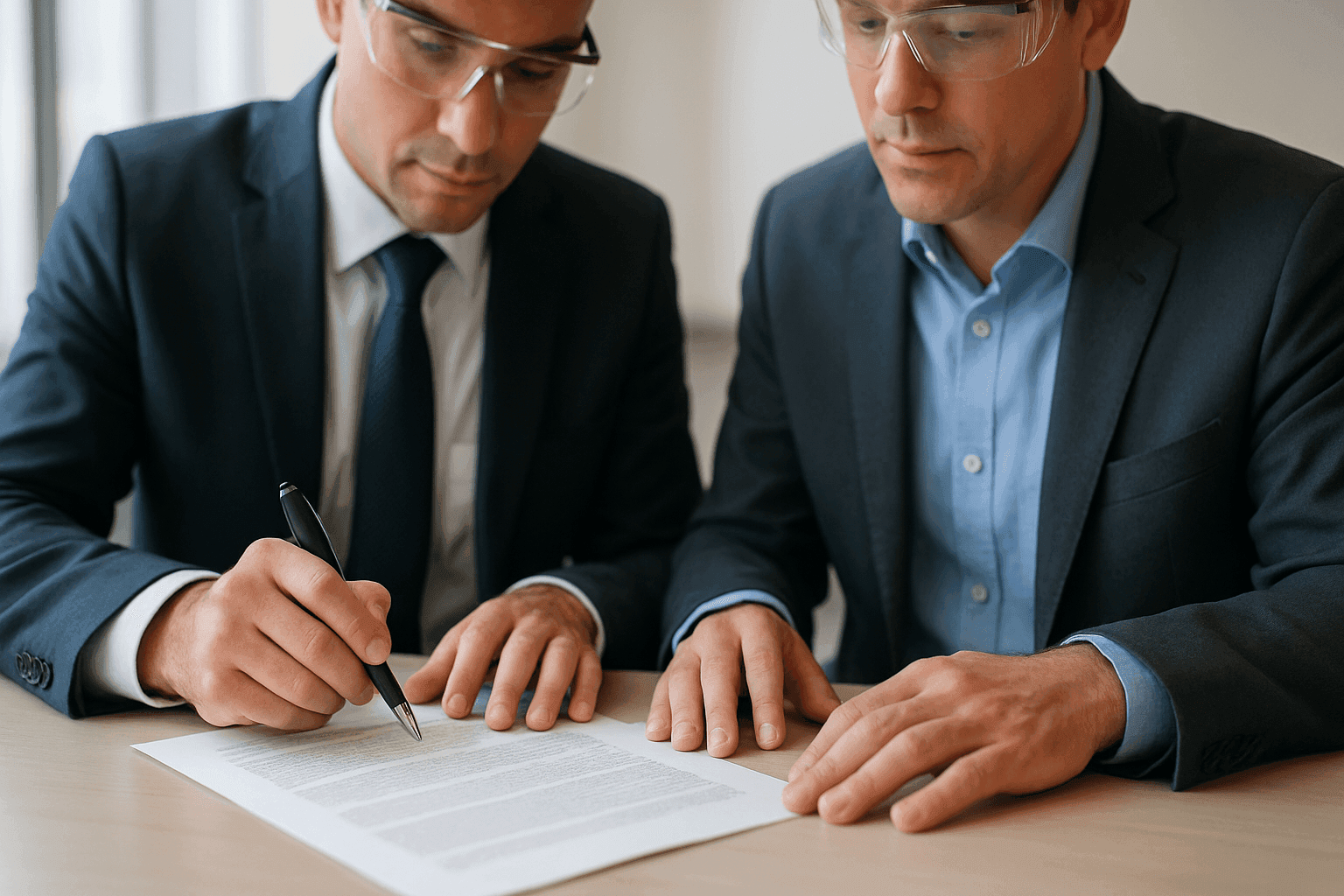 Business partners reviewing agreement documents in an office