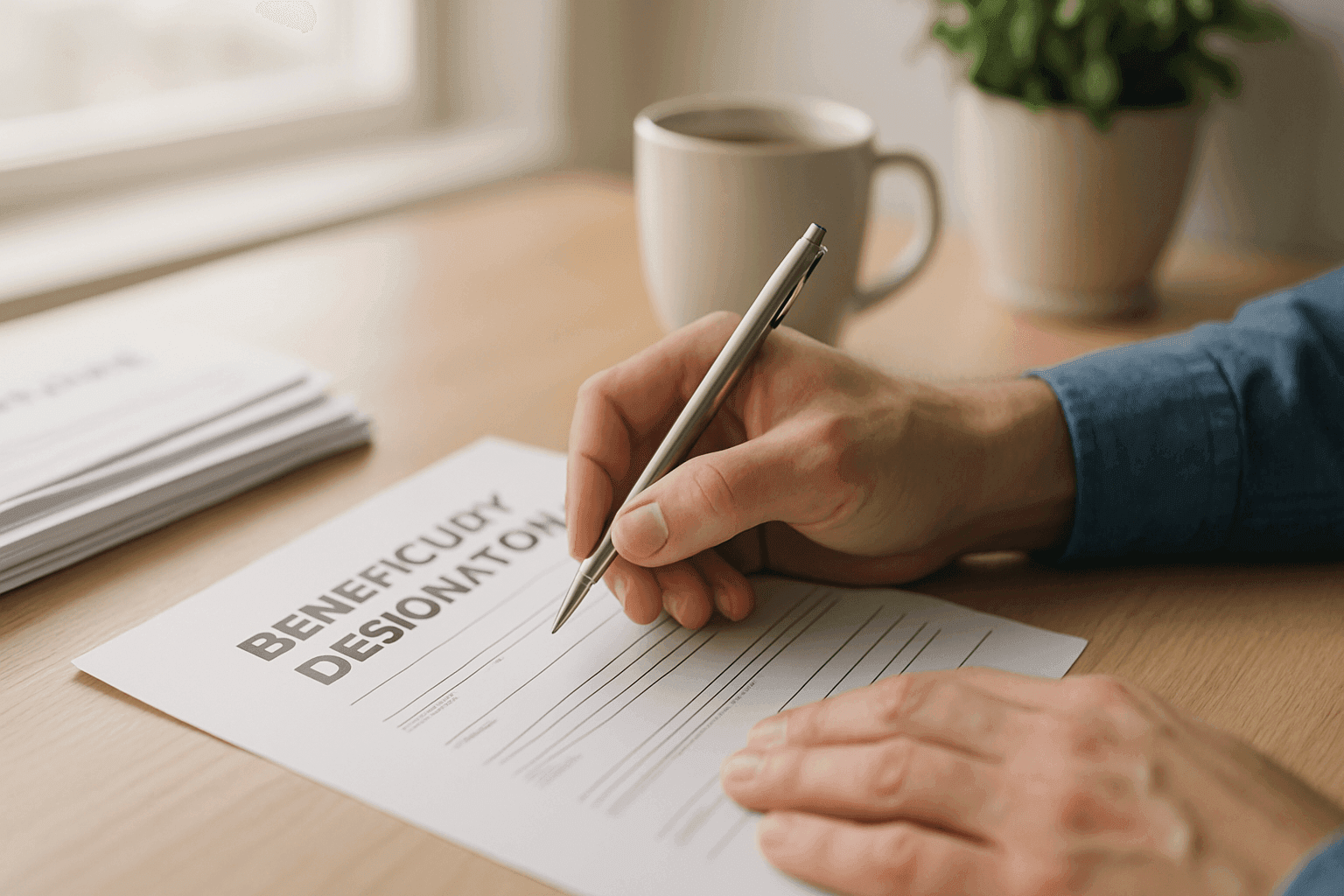 Titular de póliza completando un formulario de designación de beneficiario en un escritorio