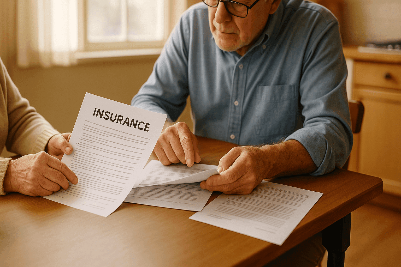 Pareja de adultos mayores revisando documentos de seguro de gastos finales en casa